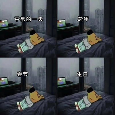这是一张四格拼接的卡通表情包，每一格的画面几乎完全相同：美国动画《马男波杰克》里的花生酱先生躺在床上，神情倦怠无聊，房间内的电脑亮着，窗外是阴雨朦胧的城市高楼。四格分别标注“平常的一天”“跨年”“春节”“生日”，用完全一致的场景，调侃当代独居或宅家的年轻人对这些本该充满仪式感的特殊节日和平常日子没有区别，都是宅在房间里躺平度过，精准戳中了当代部分年轻人生活缺乏热情、仪式感缺失的状态，引发共鸣。