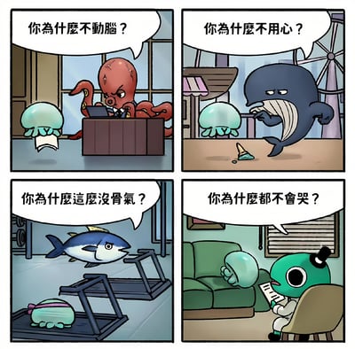 四格连环漫画，主角为一只绿色水母，在不同场景中被四种海洋生物连环质问：左上角章鱼在办公室 desk 后怒问'你为什么不动脑？'；右上角鲸鱼手持融化的冰淇淋质问'你为什么不用心？'；左下角金枪鱼站在跑步机旁质问'你为什么这么没骨气？'；右下角戴帽子的绿色角色坐在沙发上质问'你为什么都不会哭？'。水母全程表情被动，形成幽默的吐槽效果，展现被多方指责的无奈情境。