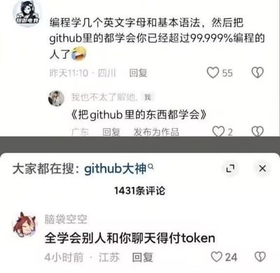 这张图是国内某社交媒体的评论区截图，内容围绕编程学习的调侃展开：第一条来自四川的网友发言称只需要学习基础编程知识再把GitHub里的所有内容都学会，就能超过99.999%的编程从业者；第二条广东网友特意将“把github里的东西都学会”这句话用书名号标出，调侃该说法完全不切实际，严重低估了GitHub上的内容总量；第三条来自江苏的网友接梗玩AI相关的行业梗，称如果真能把GitHub的内容全部学会，别人和你聊天都需要支付token，也就是大模型调用的计费单位，调侃当事人的知识储备量堪比人工智能大模型。截图下方还显示该话题下大家都在搜“github大神”，总共有1431条评论，整体内容轻松搞笑，是程序员群体常见的行业相关玩梗内容。