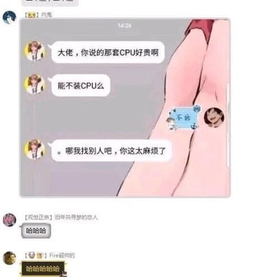 这是一张群聊聊天截图，左侧是电脑装机相关的对话内容：一名对硬件常识不了解的群友先是表示他人推荐的CPU价格太贵，随即询问能不能不给电脑装CPU，在得到对方“不能”的回复后，该群友反而觉得对方麻烦，表示要找其他人装机；聊天窗口的右侧露出了一张动漫风格的人物腿部局部图，“不能”的回复就标注在该图上，截图下方还有其他群友看到这段对话后发出的哈哈笑声回复。该图的笑点在于CPU是电脑正常运行必须的核心硬件，提问者要求不装CPU的诉求违背基本常识，显得非常离谱荒谬，引人发笑。