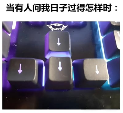 这张梗图通过创意方式表达生活状态。图片上方配有文字'当有人问我日子过得怎样时：'，下方则是一张游戏键盘特写，展示了四个朝下的箭头按键，并用紫色和蓝色的RGB背光效果突出显示。这种视觉隐喻幽默地表达了当被问及生活状况时，感觉一切都在走下坡路的无奈与自嘲情绪。