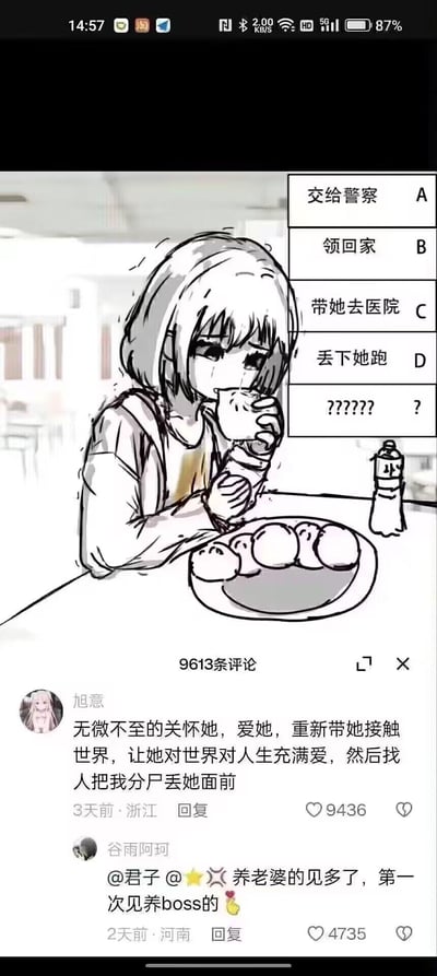 这是一张社交媒体截图，展示了一幅黑白卡通插画：短发女孩低头坐在餐桌前，双手捧着包子正在吃，桌上放着一盘包子和一个小瓶子。画面右侧有一组选择题选项：“交给警察 A”“领回家 B”“带她去医院 C”“丢下她跑 D”及“??????? ?”。截图下方显示有9613条评论，顶部评论来自用户“旭意”，内容为“无微不至的关怀她，爱她，重新带她接触世界，让她对世界对人生充满爱，然后找人把我分尸丢她面前”，获9436个赞；另一评论“谷雨阿珂”提到“养老婆的见多了，第一次见养boss的”，获4735个赞。整体风格偏向调侃与黑色幽默，通过选择题形式和夸张评论制造笑点。