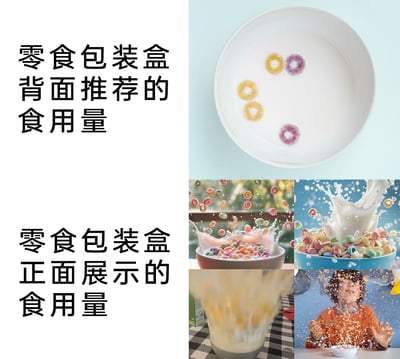 这是一张采用上下对比形式的图文混排梗图，上半部分左侧配有文字“零食包装盒背面推荐的食用量”，右侧对应配图为一个盛有牛奶的白色盘子，盘中仅有五片彩色谷物圈，分量极少；下半部分左侧文字为“零食包装盒正面展示的食用量”，右侧是四张拼接的动态感画面，分别呈现满满一碗谷物圈搭配牛奶飞溅、满满一碗多彩谷物圈牛奶飞溅、大量谷物与牛奶倾倒溅起、人物被碗中炸开的谷物圈溅到脸上的场景，画面充满冲击力，展现出极其充足的食物分量。整张图通过强烈的视觉反差，生动调侃了零食包装上标注的推荐食用量和宣传时展示的食用量之间的巨大差距，讽刺了商家为了视觉效果在宣传时夸大食物分量，而实际推荐量却很少的普遍现象。