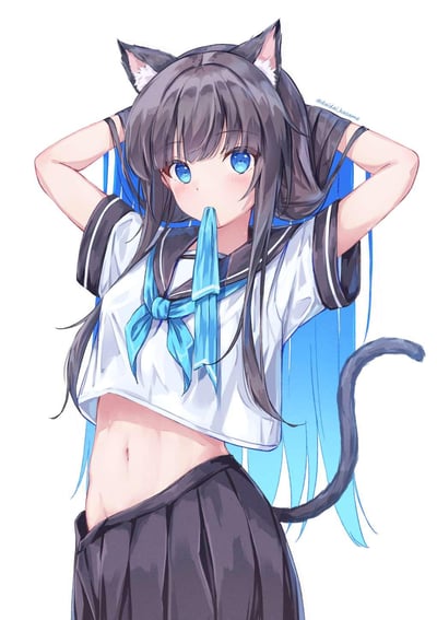这是一幅二次元原创插画，画中是拥有黑蓝渐变长发、猫耳与猫尾的猫娘角色。她身着短款水手服，双手举至脑后整理头发，嘴里咬着水手服的蓝色领结，脸颊晕着淡淡的红晕，神态害羞又软萌。画面色彩清新柔和，风格治愈，整体氛围十分可爱，没有双关、谐音梗或暗示内容。