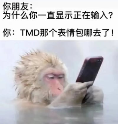 图片上方是两行对话文字，分别为“你朋友：为什么你一直显示正在输入？”和“你：TMD那个表情包哪去了！”。下方是一只毛发蓬松的猴子，正泡在水中专注地盯着手里的手机，表情带着明显的焦急与困惑，生动展现了人们在聊天时因找不到想用的表情包而长时间“正在输入”的抓狂日常。