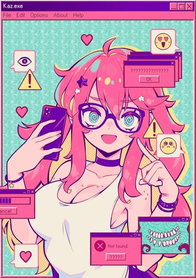 这是一张故障美学风格的AI生成卡通插画，画面中心是一位粉发戴眼镜的元气少女，她手持深紫色手机，眼睛呈螺旋状，表情兴奋开怀，周围环绕着复古电脑系统的弹窗元素：顶部是名为Kaz.exe的窗口栏，还有感叹号警告弹窗、爱心/害羞/委屈的表情气泡、满是问号的提示框、显示“Not found.”的错误窗口、诡异的牙齿窗口等。整体采用粉紫黄撞色的复古二次元色调，营造出一种电子脑内过载、甜酷又带点诡异的赛博氛围，没有双关或谐音梗。