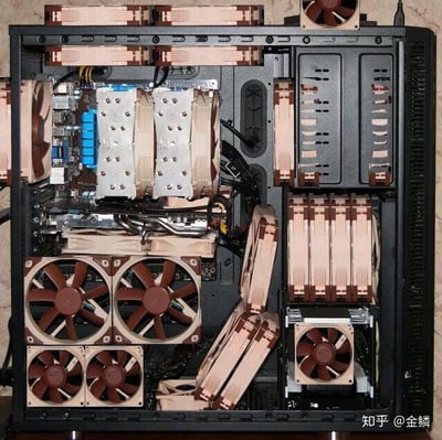 这是一张展示发烧级电脑主机内部的实拍图，机箱内部被大量Noctua（猫头鹰）品牌的风冷散热设备完全填满，包括多把标志性棕白配色的NF系列风扇、多个大型塔式散热器，还有定制的散热鳍片模组，将风冷散热的配置拉到了极致。这套装机方案追求极致的静音与散热效率，统一的棕白配色是猫头鹰品牌的经典外观，整体视觉效果极具冲击力，是硬件DIY爱好者打造的风冷极限装机案例。