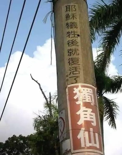 一根电线杆上同时贴有宗教宣传标语和昆虫科普标语，形成极具荒诞感和幽默风格的组合画面。上半部分文字为“耶稣牺牲后就复活了”，是常见基督教宣传语，下方则贴着“独角仙”标识（独角仙为甲虫一种）。由于“独角仙”在口语语境中容易被误解为“独角兽”，搭配宗教复活话题，产生强烈的双关、谐音和异想天开的联想。该图经常被用做无厘头梗，或表达“乱贴标语”、“地方文化魔幻”等网络情绪。