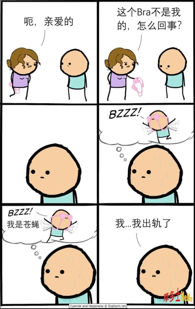 这是一张以经典网络漫画《Cyanide & Happiness》风格创作的表情包，讲述一名女性发现家中出现了一件不是自己的Bra，质问男友，男友脑补出把Bra当成蜜蜂飞走来逃避现实的搞笑场景，最后“我…我出轨了”自我坦白。画面风格简洁，充满黑色幽默。

图中“Bra变成蜜蜂飞走”是典型的脑补逃避情境表达，夸张而讽刺，形成了搞笑双关含义和自嘲内涵。