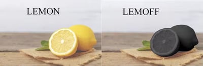 左侧展示正常黄色柠檬，上方标注'LEMON'，柠檬被切开一半，露出黄色果肉和籽，旁边放着完整柠檬，底部有麻布垫和绿叶；右侧为黑色柠檬，标注'LEMOFF'，同样切开一半露出黑色果肉，整体构图与左侧对称。通过颜色对比（黄色vs黑色）和文字变化（LEMON→LEMOFF）形成创意对比，利用'LEMOFF'文字游戏暗示柠檬'关闭'颜色变为黑色。