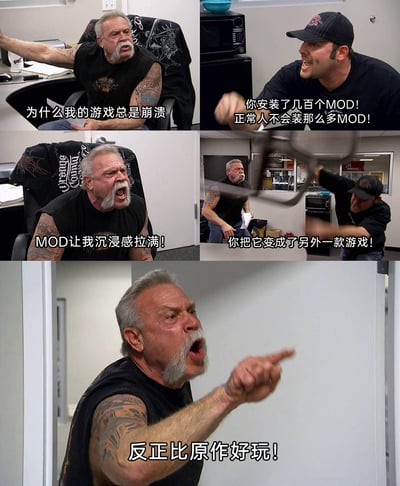 这是一张改编自经典真人秀吵架名场面的梗图，通过五格分镜的形式，生动展现了两类玩家的冲突：一名老年玩家在安装了大量游戏MOD后遭遇游戏崩溃，对此感到疑惑；年轻玩家指出他安装了数百个MOD的问题，老年玩家却认为MOD极大提升了游戏沉浸感，年轻玩家指责他把原作改得面目全非，最后老年玩家激动地强调修改后的游戏比原作更有趣。整个场景精准戳中了部分玩家为追求极致体验大量安装MOD，即便游戏崩溃也坚持认为改后游戏更具乐趣的真实日常，充满共鸣感。