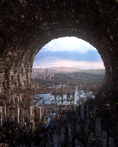 这是一张壮观的未来城市景观图，画面中央是一个巨大的拱形结构，内部布满了密密麻麻的建筑和无数闪烁的灯光，仿佛一个巨型蜂巢。透过拱门可以看到外面的广阔景象：一个被水环绕的未来都市，高楼林立，远处是连绵的山脉，天空呈现出美丽的蓝紫色渐变，云层稀薄，整体给人一种震撼而神秘的感觉。