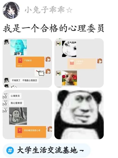 这是一张以"我是一个合格的心理委员"为主题的搞笑表情包合集。图片上方有一个名为"小兔子乖乖 ☆"的用户头像,下面是四个聊天记录截图,展示了心理委员与同学的对话。内容包括用"富草了"表情包表达情绪,心理委员用红包和暖心话语安慰同学,最后以一个嘲讽的熊猫头表情包结尾,形成幽默效果。