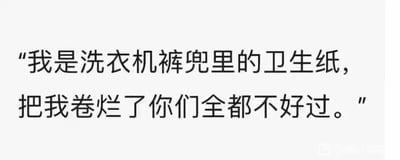 这是一张纯文字静态图，图中文字以拟人的口吻，将自身比作被遗忘在洗衣机裤兜里的卫生纸，放出“把我卷烂了你们全都不好过”的狠话。这句话用生活中常见的洗衣场景打比方，以夸张的方式表达一种“鱼死网破”的态度，常被用来调侃自己身处某个被动或受压的处境时，被逼到极限就会让相关的人都受到牵连，带有自嘲和威胁的双重意味，没有双关、谐音梗等特殊表意。