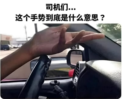 图片展示了一只从汽车驾驶座伸出窗外的手，手掌朝上，五指张开，背景可见车外的街道和停放的车辆。图片上方配有文字“司机们...这个手势到底是什么意思？”，旨在引发司机群体对该常见驾驶手势含义的讨论。