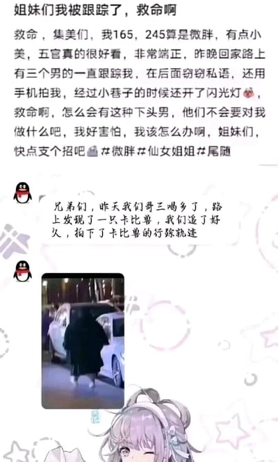这是一张图文混排的搞笑反差梗图，整体分为上下两部分。上方是模仿小红书风格的女生求助帖，一位自称身高165cm、体重245斤的女生发文称自己在夜晚回家路上被三名男生跟踪偷拍，感到十分恐惧，向网友求助，还附带了#微胖#仙女姐姐#尾随的标签；下方是带有QQ企鹅图标的男生视角发言，三人称喝多了将身形圆胖的女生当成了宝可梦系列里的卡比兽，追着拍下了她的行踪轨迹，还附上了一段夜晚拍摄的女生背影视频截图，女生的黑色宽松穿搭和圆胖身形确实和卡比兽有相似之处。图的底部还有一个wink表情的卡通女生形象，整个内容通过男女视角的错位认知制造出强烈的搞笑乌龙效果。