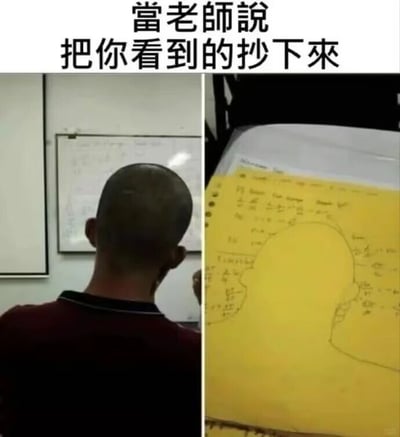这是一张左右对比的多图拼接梗图，上方配有文字“当老师说把你看到的抄下来”。左侧画面中，一个光头的人背对着镜头站在白板前，身体几乎挡住了白板上的所有内容；右侧画面是学生的笔记本，学生严格按照字面意思执行老师的指令，只在笔记本上画下了自己看到的光头轮廓，周围才是白板上露出的部分文字内容。这张图通过这种机械执行指令的行为制造出强烈的搞笑效果，调侃了不懂灵活变通、只会刻板遵循要求的行为。