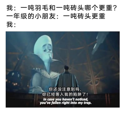 这是一张结合经典陷阱问答与动画名场面的搞笑梗图。图中上方文字呈现了一段问答：提问者向一年级小朋友询问“一吨羽毛和一吨砖头哪个更重”，小朋友给出了错误的回答“一吨砖头更重”；下方则是动画电影《超级大坏蛋》的名场面截图，配文“你还没注意到吗，你已经落入我的陷阱了！”。由于一吨羽毛和一吨砖头的实际重量是相等的，小朋友的回答正好中了提问者的误导陷阱，用这个动画场景来表现提问者的得意心态，放大了这个问答的搞笑效果，调侃了这类利用惯性思维设置的误导性问题。