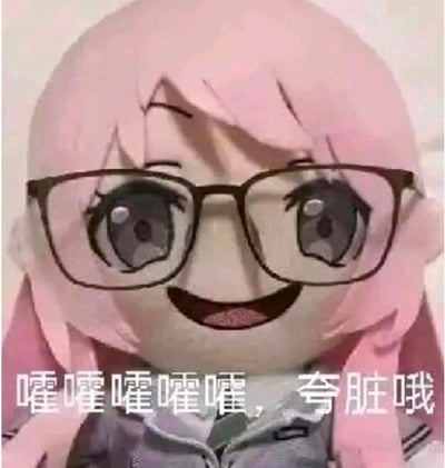 图片展示了一个粉色长发的毛绒玩具，其面部被绘制上了动漫风格的五官：大大的圆框眼镜、水汪汪的灰色眼睛和上扬的嘴角，呈现出开心的笑容。玩具穿着灰色的衣服，背景为浅色。图片底部有一行白色文字：“嚯嚯嚯嚯嚯，夸脏哦”，整体风格俏皮可爱，带有轻松搞笑的氛围。