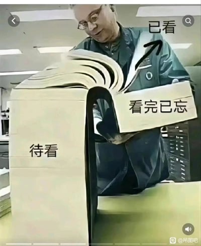这是一张通过视觉错位创意P图制作的趣味图，将真人与一本巨大的书结合，营造出人物正在翻阅这本书的视觉效果。书的不同部分被标注了不同的阅读状态：左侧厚重的书页标注“待看”，代表还有大量内容未阅读；箭头指向人物位置标注“已看”，而刚翻到的页面标注“看完已忘”，精准调侃了当代人在学习、备考或大量阅读时，看过的内容转头就遗忘，同时还有大量任务待完成的窘迫又真实的状态，完美贴合学生党、考证族以及需要进行大量阅读学习人群的日常痛点，极易引发共鸣。