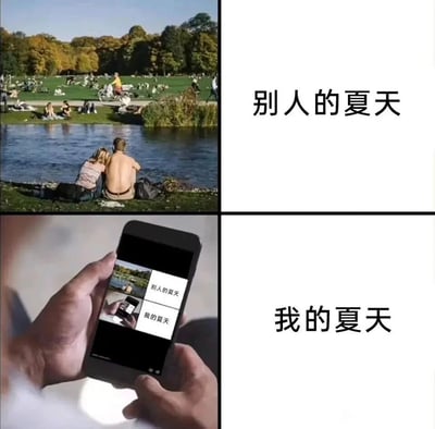 这是一张上下分栏的对比梗图，上半部分标注「别人的夏天」，呈现了户外湖边的惬意夏日场景：一对男女并肩坐在湖畔，周围草坪上聚集着许多享受户外时光的人群，整体氛围轻松愉悦，充满夏日的鲜活感；下半部分标注「我的夏天」，画面是一双手正握持着手机，手机屏幕里显示的正是这张「别人的夏天vs我的夏天」的对比图，形成趣味套娃效果。这张图通过强烈的反差感，自嘲式地表现出自己的夏日生活只能通过手机羡慕他人的精彩，自身的夏天在刷手机的单调状态中度过，精准戳中了许多人日常平淡、只能线上“云体验”的生活状态。