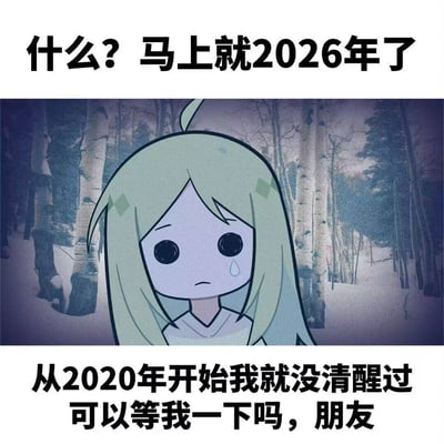 图片上方有文字“什么? 马上就2026年了”，中间是一个卡通女孩形象，她有着浅绿色长发，眼睛很大，脸上挂着一滴泪珠，表情悲伤又迷茫，背景是一片昏暗的森林。下方文字为“从2020年开始我就没清醒过 可以等我一下吗，朋友”。整体表达了对时间快速流逝的感慨，以及从2020年以来一直处于混沌状态，希望时间能慢下来的心情。