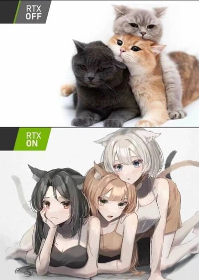 这是一张上下分栏的对比图，采用了显卡技术“RTX ON/OFF”的趣味梗。上半部分标注“RTX OFF”，展示了三只真实的猫咪：最下方是表情严肃的深灰色英短猫，中间是亲昵蹭着深灰猫脸颊的橘色猫咪，最上方是表情平静的浅灰色英短猫，三只猫叠在一起，姿态放松自然。下半部分标注“RTX ON”，则是将三只猫咪进行了二次元拟人化创作，对应三只猫咪的形象，分别是黑发黑裙、神情无奈的猫耳娘，金发浅棕裙、表情惊讶的猫耳娘，以及白发浅棕裙、眼神略带疑惑的猫耳娘，她们的姿势与上方的猫咪一一对应，画风为日系二次元风格，将现实中的猫咪转化为深受二次元爱好者喜爱的猫耳娘形象，通过这种反差对比，营造出趣味十足的效果，体现了二次元文化中动物拟人创作的魅力。