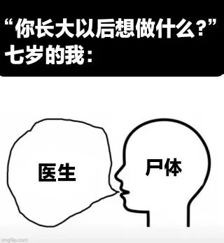 图片上方有两行重复的提问文字“你长大以后想做什么？”，下方标注“七岁的我：”，并配有一个简笔画风格的人物头部。头部的对话气泡中写着“医生”，但头部轮廓旁却标注着“尸体”，通过“医生”与“尸体”的文字并置制造出滑稽的误会效果，展现童年回答职业理想时可能产生的搞笑口误或误解场景。