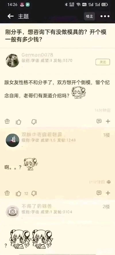 这是一张竖屏的论坛社区帖子截图，楼主用户German0078发布主题帖，先是询问制作模具的费用，随后补充说明自己和女友因性格不合分手，两人想要制作倒模留作纪念自用，向其他网友求助制作渠道和费用。1楼用户“双眸中寄宿着朝露”以“啊。。？”的回复搭配疑惑表情包表达惊讶与不解，该回复获得12个点赞；2楼用户“不得了的騒兽”则使用带有多个问号的表情包传递疑惑情绪，整体呈现出网络社区中网友面对奇葩求助时的互动场景。