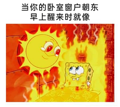 这是一张聚焦生活小烦恼的搞笑梗图，采用图文混排的形式呈现。上方配有文字“当你的卧室窗户朝东 早上醒来时就像”，下方是截取自动画《海绵宝宝》的经典场景：海绵宝宝坐在被熊熊火焰完全包围的床上，眼神呆滞又透着无奈，窗口处的拟人化太阳带着热情的笑意，整个画面被炽热的红黄色调填满，营造出燥热难耐的氛围。这张图用夸张的动画场景，生动又诙谐地还原了卧室窗户朝东时，清晨的阳光会早早地强烈照射进房间，让人在燥热感中被迫醒来的无奈体验，精准戳中有着相同经历的人的笑点与共鸣点。