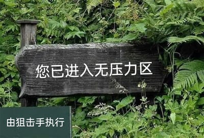 这是一张经过文字改编的黑色幽默梗图，画面主体是被茂密的绿色蕨类和阔叶植物环绕的深色木质指示牌，牌面用醒目的白色字体写着“您已进入无压力区”，在图片左下角的深色区域配有一行补充白色文字“由狙击手执行”。图中通过强烈的反差感制造荒诞笑点：表面宣称是让人放松的无压力区域，却用“狙击手执行”这种极端暴力的表述来暗示“无压力”的实现方式，用夸张、荒诞的黑色幽默手法，调侃当代人面对生活压力时的情绪，用反常规的设定来消解压力带来的焦虑感。
