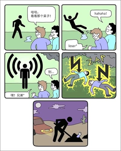 这是一则由五格画面组成的暗黑讽刺连环漫画：
1. 第一格：紫衣服和蓝衣服的两名路人看到一个黑影人踩进水坑，紫衣服路人嘲笑对方是呆子；
2. 第二格：黑影人滑倒在地，两名路人笑得更夸张，紫衣服路人还骂对方是loser；
3. 第三格：黑影人身上发出类似信号的波纹，喊两名路人“兄弟”，两人瞬间慌张，紫衣服路人连忙说“别...”；
4. 第四格：带有N标识的闪电击中两名路人，两人倒地；
5. 第五格：夜晚，黑影人在荒漠里用铲子掩埋两名路人的尸体，其中一名路人的手还露在土外，旁边停着一辆车。
漫画通过极端的情节讽刺了嘲笑、霸凌他人的行为会遭到惨烈的报应，风格暗黑荒诞。