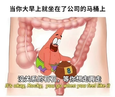 图片上方文字为“当你大早上去公司就坐在了马桶上”，下方是卡通角色派大星坐在人体肠道内的趣味改编图。派大星面带笑容，双手抱着一块标有数字“8”的棕色石头，下方配有文字“没关系的石石，等你想走再走”及英文翻译“It's okay, Rocky, you go when you feel like it”。整体通过拟人化和夸张手法，幽默表现职场人士早上在公司遭遇便秘时的无奈又自我安慰的场景，用派大星的轻松表情与“石石”（谐音“屎屎”）的双关语增强喜剧效果。