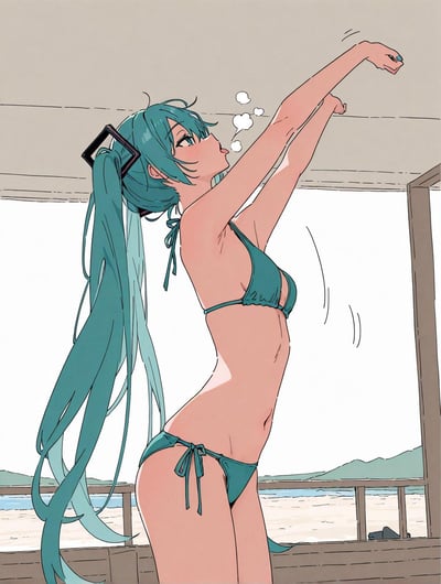 这是一幅AI绘制的夏日主题同人插画，画面主体是虚拟歌手初音未来：她身着与发色同款的蓝绿色比基尼，扎着标志性的长双马尾，正站在临海的建筑空间里双臂向上伸展，吐着舌头，神态慵懒放松，旁边的气泡状线条更添随性之感；背景能看到室外的沙滩与海面，整体画面充满闲适惬意的夏日氛围。