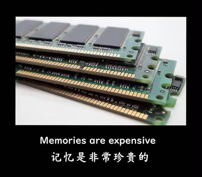 图片展示了几片绿色的内存条（RAM）整齐堆叠，黑色芯片和金色引脚清晰可见，背景为纯白色。图片下方配有英文文字“Memories are expensive”和中文翻译“记忆是非常珍贵的”，利用“memory”一词的双关含义——既指计算机内存（RAM），也指人生记忆，形成幽默创意的表达。