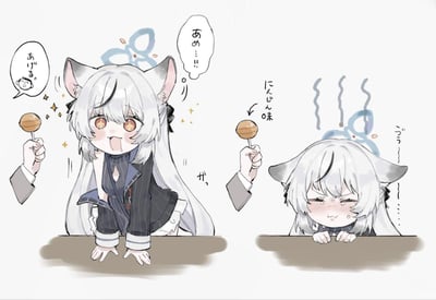 这是游戏《蔚蓝档案》的同人搞笑漫画，分为左右两格：左侧的砂狼白子看到有人递来棒棒糖，兴奋地趴在桌上，眼睛亮晶晶地喊着要糖，满脸期待；当发现拿到的是胡萝卜味的棒棒糖后，右侧的白子立刻耳朵耷拉下来，皱起眉头，一脸委屈崩溃的样子，前后的情绪反差拉满，尽显角色的软萌可爱。