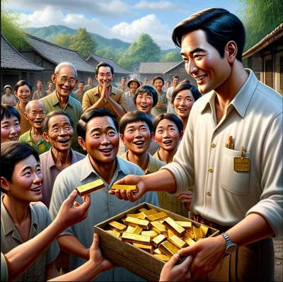 一幅描绘乡村场景的图像，画面中心有一位穿着白色衬衫的男子正在向村民分发金条，村民们都露出开心的笑容。背景是传统的中国乡村建筑和远山绿树，整体色调明亮，充满理想化的欢乐氛围。