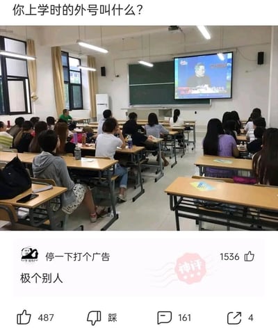这是一张结合教室上课场景与网友评论的搞笑梗图，上方配文提问“你上学时的外号叫什么？”，图中是一间大学教室，大部分学生都面向前方的投影屏幕上课，唯独最后排角落有一名学生背对其他同学，和大家的方向完全相反；下方评论区中，网友“停一下打个广告”发布的评论“极个别人”被标注为神评，获得1536个赞，这个评论用班级里老师常提及的“极个别人”来当外号，调侃上学时那些在班级里位置特殊、行为和多数人不一样的同学，引发校园生活的共鸣，十分搞笑。