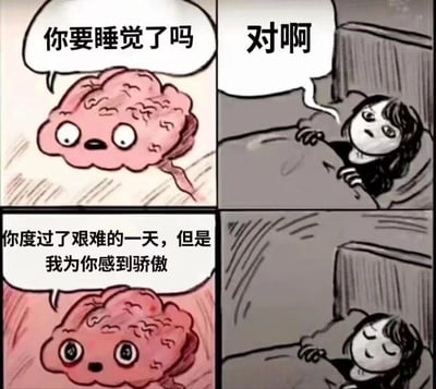这是一幅四格连环卡通漫画，以拟人化的大脑和疲惫的女生为角色，展现睡前的暖心互动：
1. 第一格：拟人化的大脑睁着关切的眼睛，向躺在床上的女生询问「你要睡觉了吗」；
2. 第二格：女生盖着被子，带着疲惫的神情回应「对啊」；
3. 第三格：大脑眼神变得温柔，说出治愈的话语「你度过了艰难的一天，但是我为你感到骄傲」；
4. 第四格：女生听完后安心地闭上双眼，进入睡眠状态。
漫画通过将大脑拟人化，把自我关怀的内心活动具象化，戳中了许多经历疲惫日常的人的内心，传递出温暖治愈的情绪，没有双关或谐音梗。