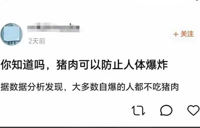 一张社交媒体截图，内容为用户发布的搞笑伪科学言论：“你知道吗，猪肉可以防止人体爆炸 据数据分析发现，大多数自爆的人都不吃猪肉”。帖子显示发布于2天前，带有用户头像（模糊处理）和关注按钮，整体风格荒谬搞笑，疑似用于网络吐槽和娱乐。