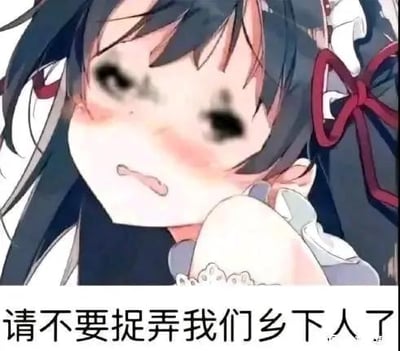 图片中是一位动漫风格的女孩，她有着黑色长发，发间系着红色蝴蝶结，脸颊泛红，眼神略带委屈和羞涩，嘴巴微抿，呈现出被捉弄后的无奈表情。图片底部配有一行文字：“请不要捉弄我们乡下人了”，整体营造出一种可爱又让人怜惜的氛围，常被用于表达自己在某方面不懂而被调侃时的自嘲或委屈情绪。