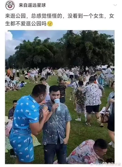 一位网名为“来自遥远星球”的用户发布了一条社交媒体动态，配文疑惑自己逛公园时没看到一个女生，疑惑女生是不是不爱逛公园。但配图里的公园草坪上聚集了大量男性，前景有两名男生近距离互动，一人给另一人递饮品，后方也有男生之间搂抱的亲密场景，明显是一场同性群体的友好聚会，用户没识破场景的真实属性，形成了搞笑的反差感。
