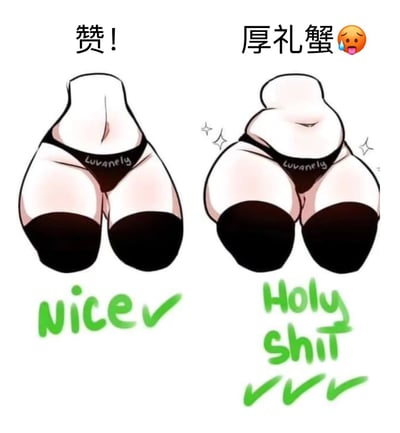 图片为左右对比图，左侧是较为纤细的女性臀部及腿部线条，穿着黑色内裤和黑色过膝袜，内裤上有“Luvanelly”字样，上方文字为“赞!”，下方文字为“nice”；右侧是夸张化的丰满臀部及腿部线条，同样穿着“Luvanelly”内裤和过膝袜，上方文字为“厚礼蟹😭”，下方文字为“Holy shit”，通过夸张的身材对比制造搞笑效果。其中“厚礼蟹”是“Holy Shit”的谐音梗，增加网络迷因的趣味性。