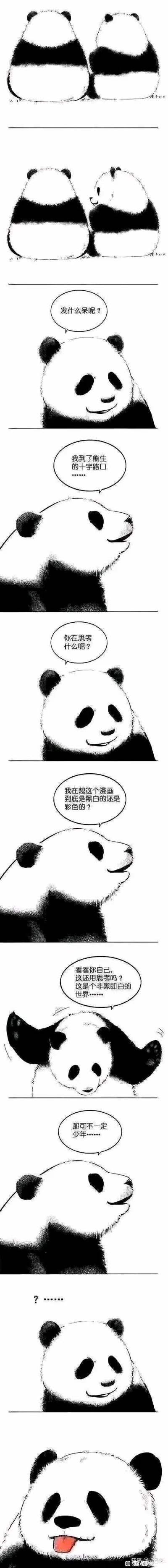这是一组竖版的黑白连环卡通漫画，以两只熊猫为角色展开对话。开篇两只熊猫背对读者而坐，随后右侧熊猫转头看向陷入沉思的左侧熊猫并主动搭话；左侧熊猫表示自己正处在熊生的十字路口，正在思考这个漫画究竟是黑白还是彩色的。右侧熊猫让它审视自身，笃定地说这是个非黑即白的世界，没想到左侧熊猫最后吐出了红色的舌头，用这个打破黑白设定的细节制造出反差感，形成脑洞大开的搞笑效果，完成了对“黑白/彩色”疑问的趣味解答。