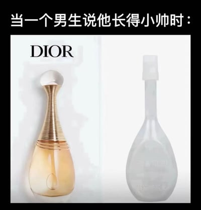 图片上方配有文字“当一个男生说他长得小帅时：”，下方是左右对比的两张香水图片。左边是金色的迪奥（DIOR）香水，瓶身设计精致，带有品牌标识，代表着男生自称的“小帅”；右边是一个透明的、设计较为简单朴素的瓶子，与左边的迪奥香水形成鲜明对比，幽默地暗示了男生自称“小帅”与实际情况可能存在的差距，用奢侈品与普通物品的对比来调侃这种自我认知。