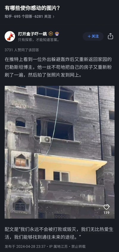 这是一张知乎回答的社交媒体截图，发布在知乎问题“有哪些使你感动的图片？”下，由用户“打开盒子吓一跳”分享。回答内容讲述了一位巴勒斯坦博主在躲避轰炸后返回家园，将自己位于满是战争痕迹、整体灰暗破败的楼房里的家重新粉刷成明亮的黄色，并发布照片配文表达不被打败、热爱生活、向往未来的信念。该回答获得了3731人赞同，图片中明亮的黄色阳台与周围灰暗的战争废墟形成强烈视觉对比，传递出在苦难困境中依然坚守希望、热爱生活的动人力量。