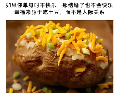 这是一张幽默风格的梗图，上方配有文字'如果你单身时不快乐，那结婚了也不会快乐 幸福来源于吃土豆，而不是人际关系'，下方是一张烤土豆的图片，土豆上覆盖着奶酪丝、葱花和培根碎。图片通过将幸福与美食（土豆）联系起来，调侃了人际关系对幸福的影响，传达出一种轻松治愈的情绪。