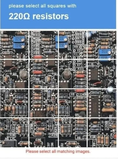 图片顶部为蓝色横幅，内含白色英文文字“please select all squares with 220Ω resistors”，下方是由多个小方格组成的网格，每个方格内展示不同的电路板局部特写，整体任务是让观察者从网格中选出所有包含220Ω电阻的方格。底部有一行英文提示“Please select all matching images.”。