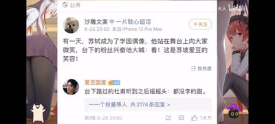 这是一张竖屏的社交媒体截图，主体是微博平台的内容，用户“沙雕文案”在“一片耽心”超话中发布了一个趣味谐音梗段子，内容为假设北宋文人苏轼成为学园偶像，站在舞台上微笑时，台下粉丝兴奋大喊“看！这是苏坡爱豆的笑容！”，其中“苏坡爱豆”是“苏东坡”（苏轼的号）的谐音，将古代文人与现代偶像文化结合制造反差趣味。随后用户“爱豆国度”在评论区发布了接梗内容：“台下路过的杜甫听到之后摇摇头：都没李的甜。”，这里的“李的甜”是“李义山”（李商隐的号）的谐音，同时结合杜甫与李白的历史交情，进一步延伸了文人玩梗的趣味，该评论获得了3.6万点赞和2174条回复。截图的左右两侧还添加了二次元风格的动漫人物作为装饰，右上角带有“大人 bilibili”的水印，说明该截图被搬运至B站相关视频中。