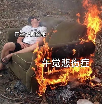 这是一张趣味网络梗图，画面呈现一名男子躺在户外的沙发上，姿态放松地小睡，而沙发的一侧已经燃起熊熊大火。图中用文字标注，男子对应“正在小睡的我”，燃烧的沙发对应“午觉悲伤症”，以夸张的视觉隐喻，生动地调侃了许多人午睡醒来后会陷入的莫名悲伤、空虚的低落情绪，将抽象的负面情绪具象化为燃烧的火焰，让观者产生强烈的情绪共鸣。